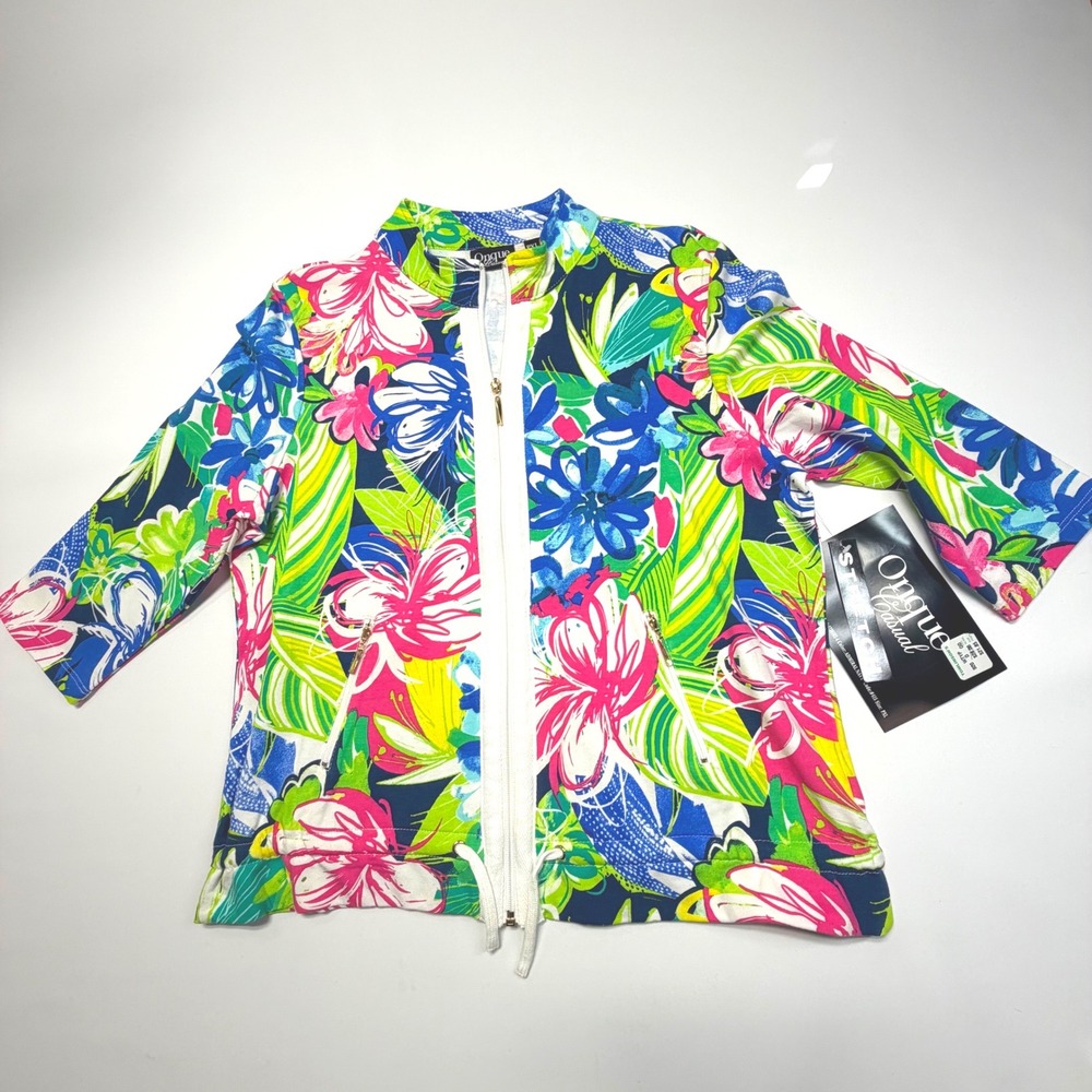 Onque Casual Floral Zip Jacket PXL Petite – Tropical Print Stretch Top